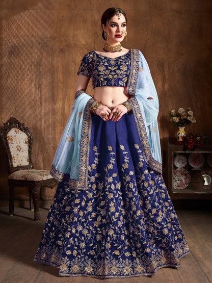 Raw Silk Engagement Sangeet Lehenga with Embroidered work in Blue color-82097