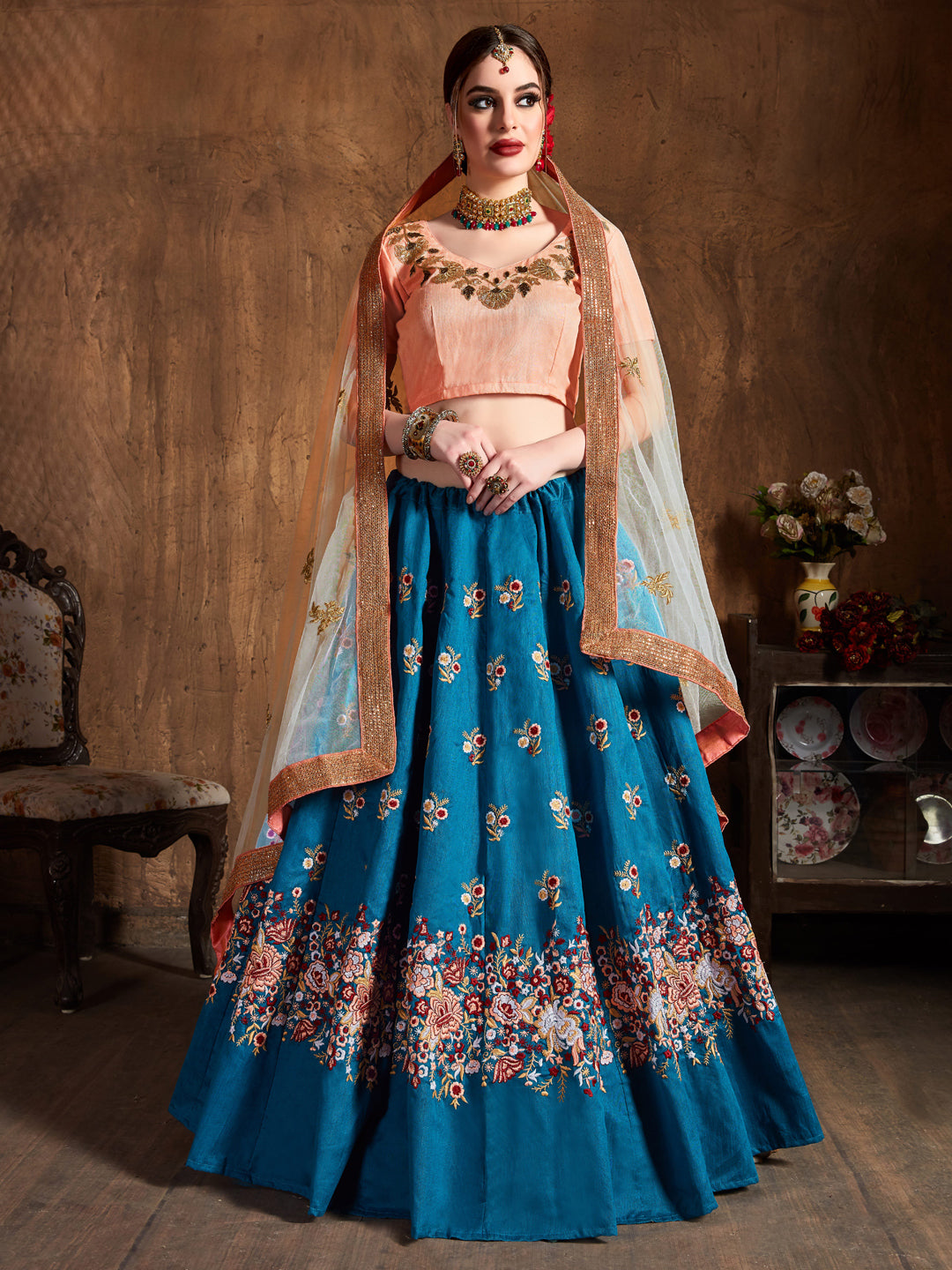 Raw Silk Engagement Sangeet Lehenga with Embroidered work in Blue color-82099