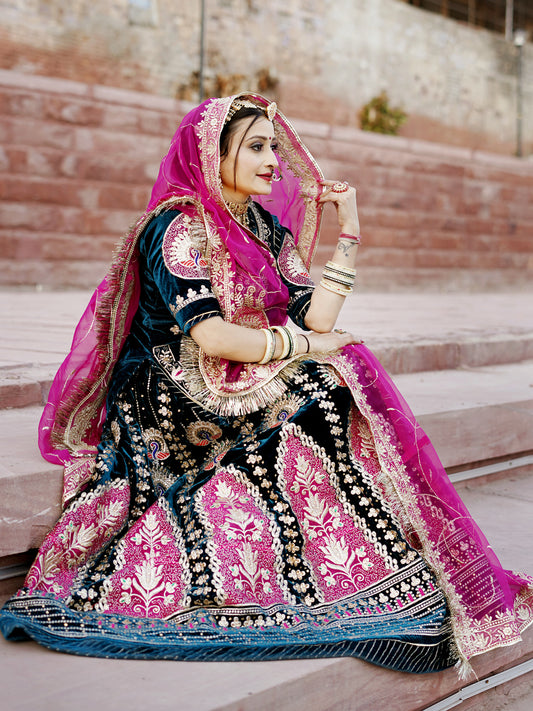 Velvet Humrahi Pure Wedding Sangeet Codding Jari work Rajputi Poshak In Blue Colour