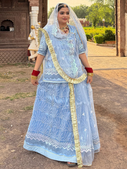 Net with sequence work Semi Stitch Rajputi Poshak In Light Blue color-81146