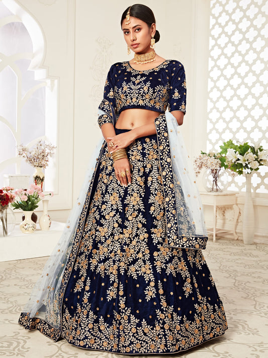 Velvet Bridal Lehenga with Embroidered work in Blue color-82119