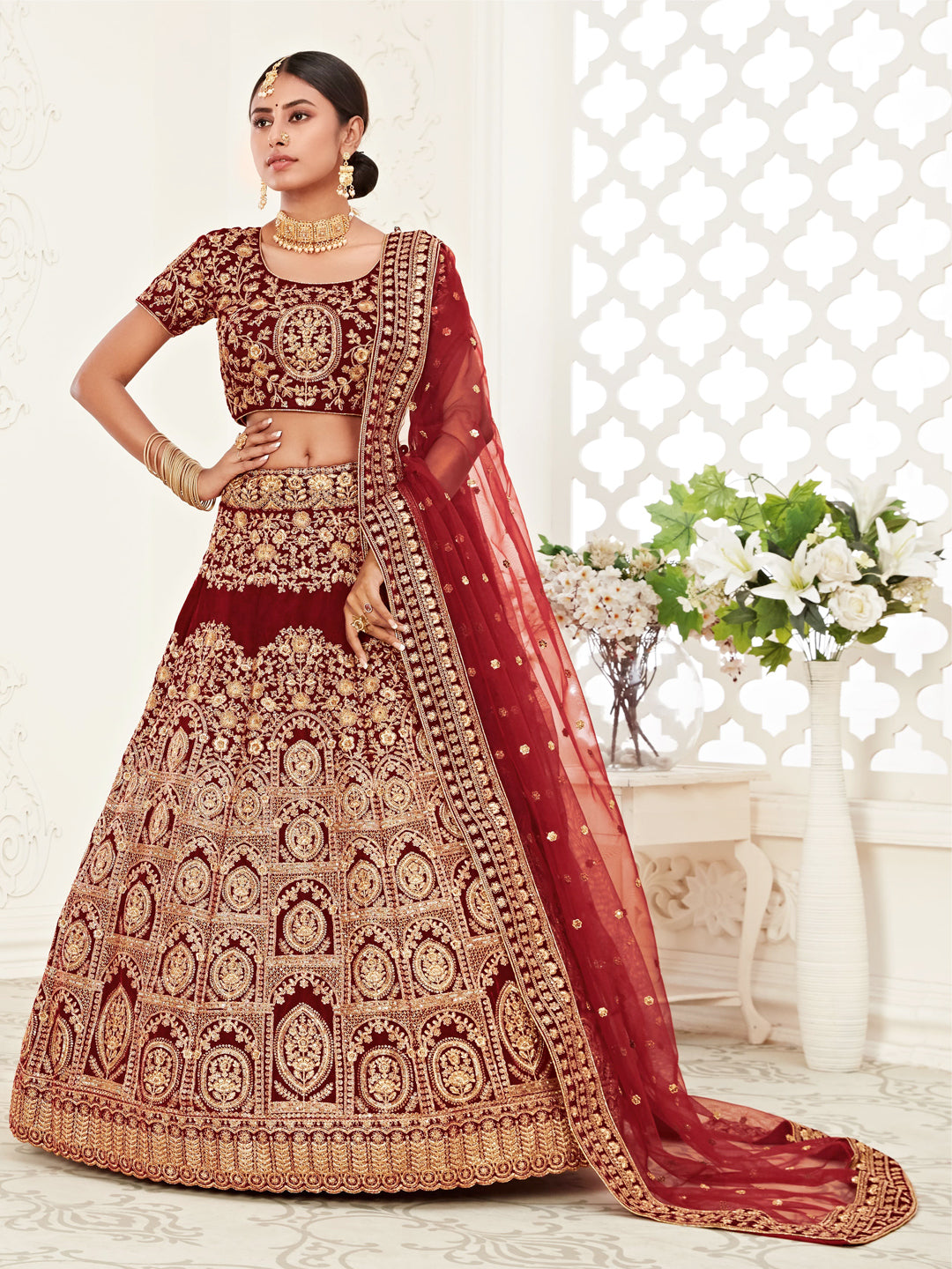 Silk Bridal Lehenga with Embroidered work in Maroon color-82122