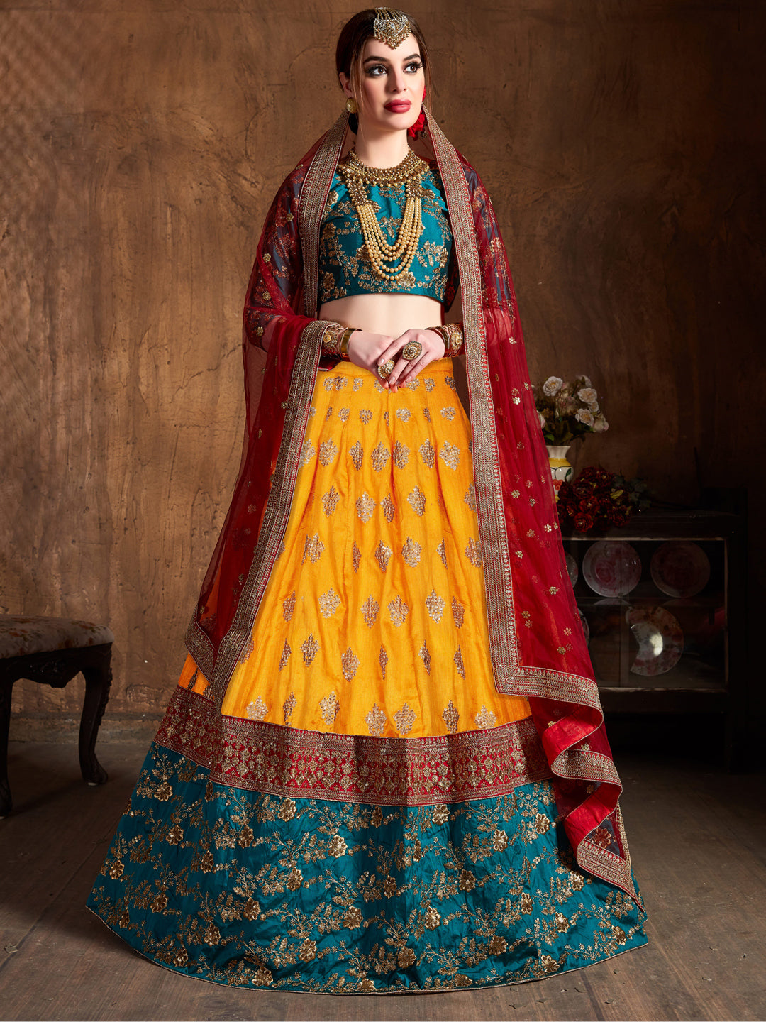 Banarasi Silk Engagement Sangeet Lehenga with Embroidered work in Yellow color-82110