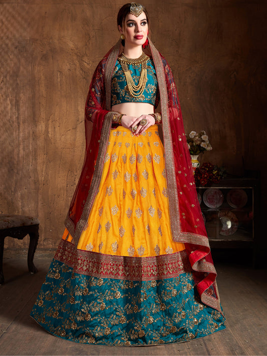 Banarasi Silk Engagement Sangeet Lehenga with Embroidered work in Yellow color-82110