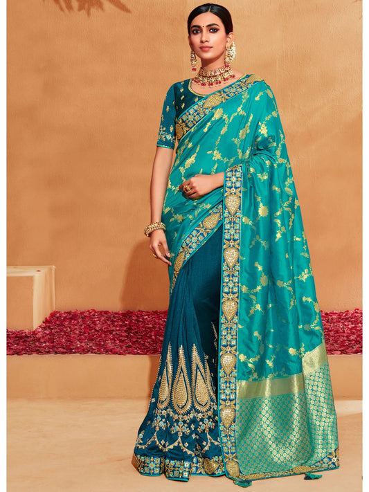 Embroidered Silk Designer Traditional Saree In Blue