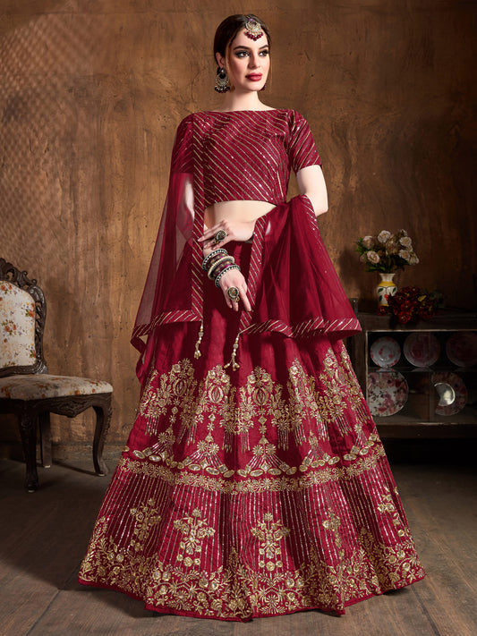 Art Silk Engagement Sangeet Lehenga with Embroidered work in Red color-82111