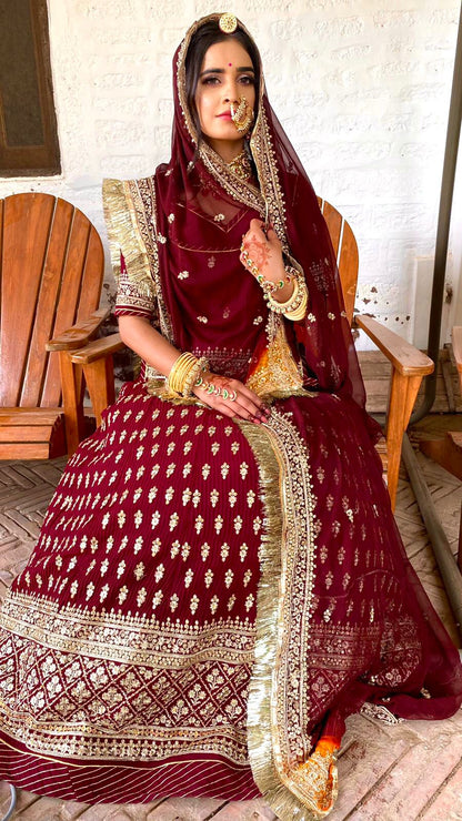 Sequence Blooming Georgette Wedding Rajputi Poshak In Maroon 60987