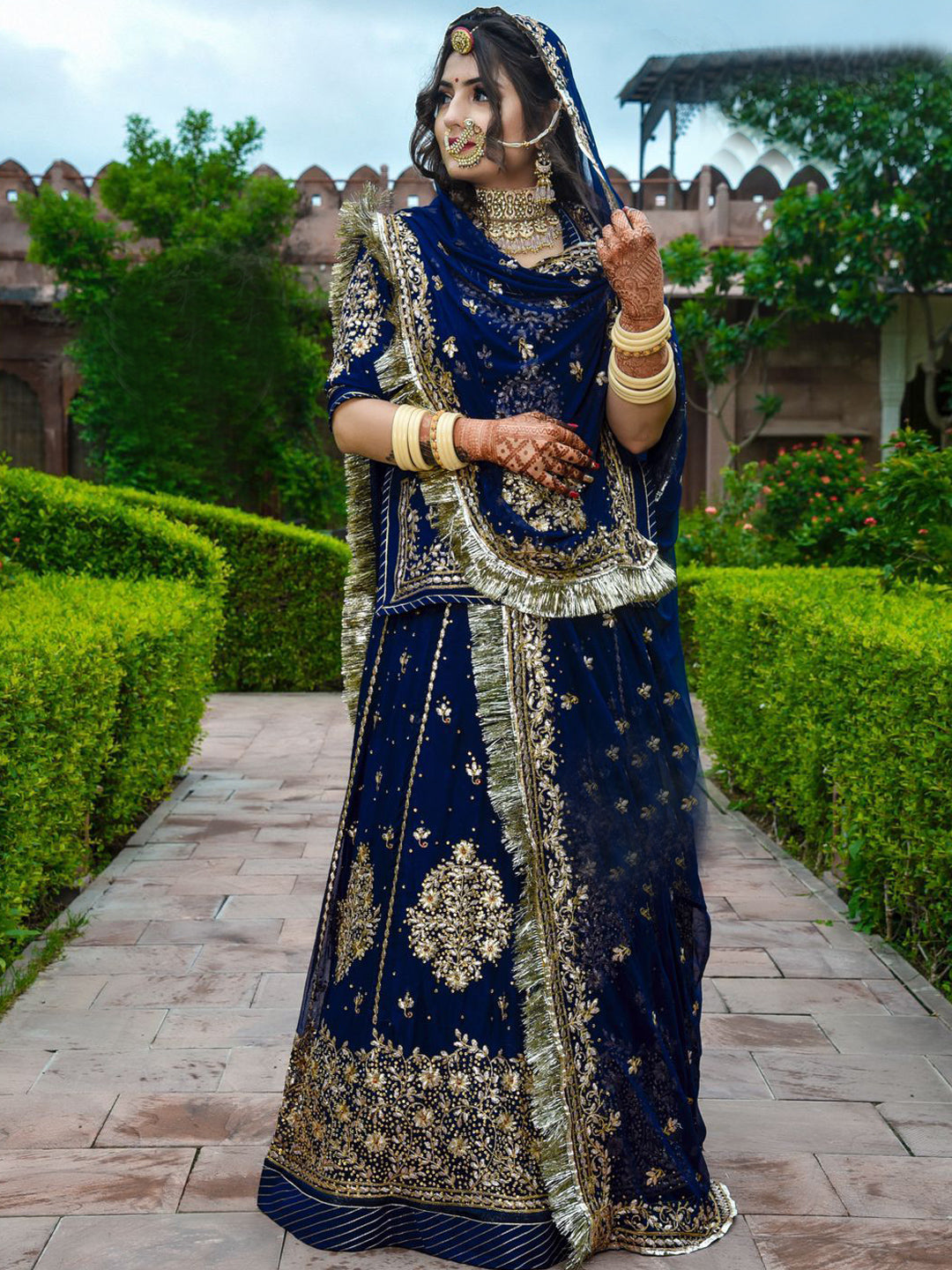 Zari Humrahi Pure Wedding Sangeet Rajputi Poshak In Blue Color61046