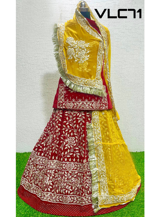 Codding Work velvet silk Rajputi Poshak In Red and Yellow Color-81892