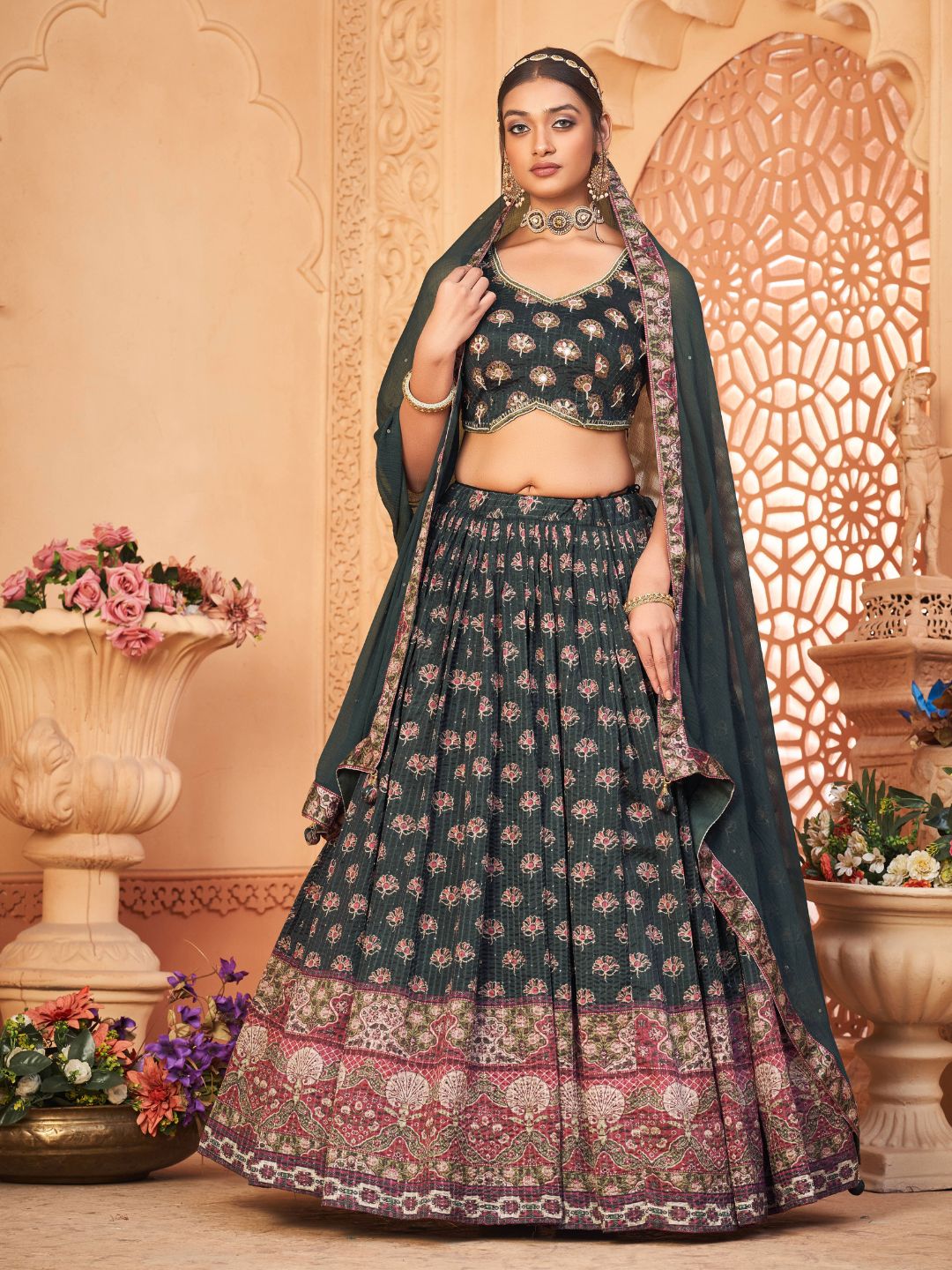 Digital Printed Chinnon Lehenga in Black and Grey