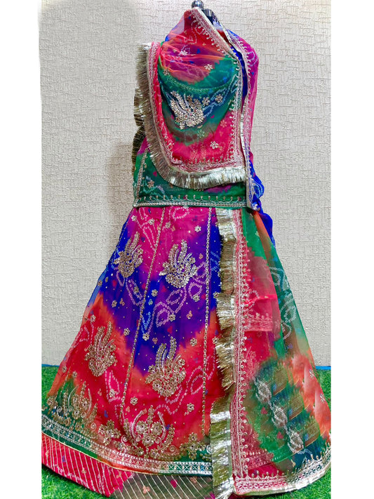 Bandhani Print Pachrangi Festive Zari Kundan Work Rajputi Poshak In Multicolour Colour-61021