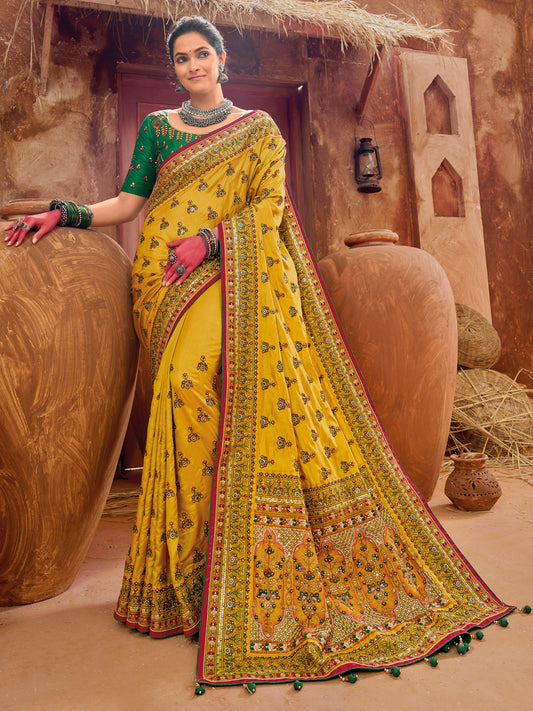 Pure Kachhi Banarasi Silk Traditional Bridal Saree In Yellow Color-81503