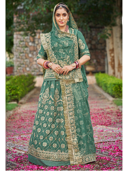 Pure Upadda Silk Mehendi Sangeet Rajputi Poshak In Green Color-81926