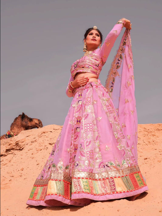 Georgette 4.5 Miter full Gher Premium quality Wedding Sangeet Rajputi Poshak In Rani color-91425