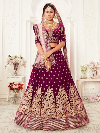 Velvet Bridal Lehenga with Embroidered work in Purple color-82114