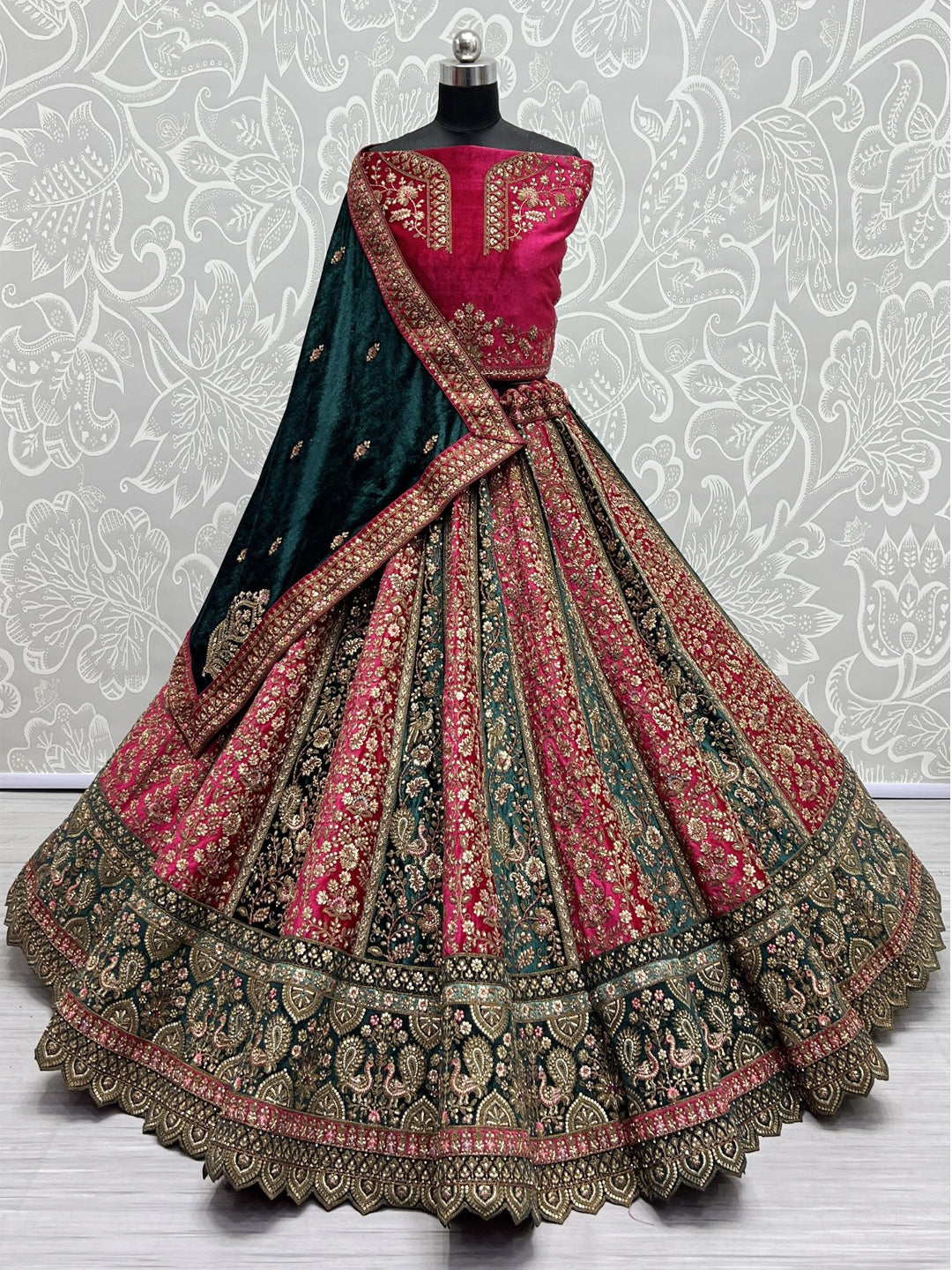 Embroidered Velvet Bridal Lehenga with Double Chunni in Multicolor-81810
