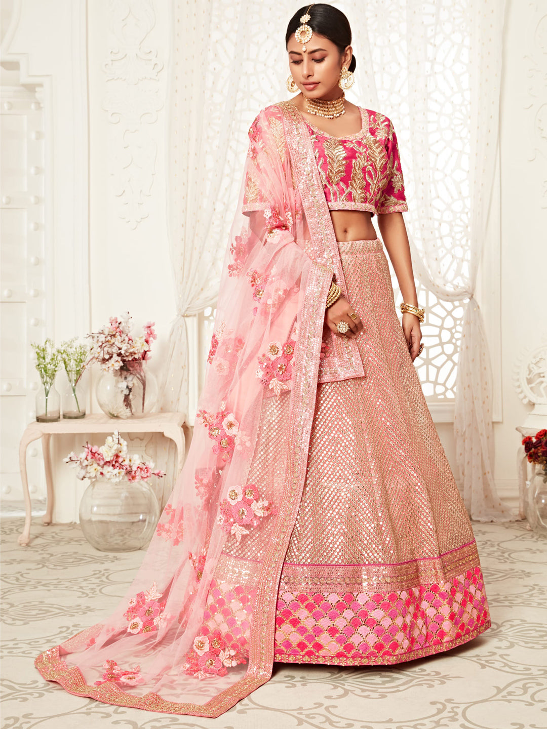 Silk Bridal Lehenga with Embroidered work in Pink color-82118