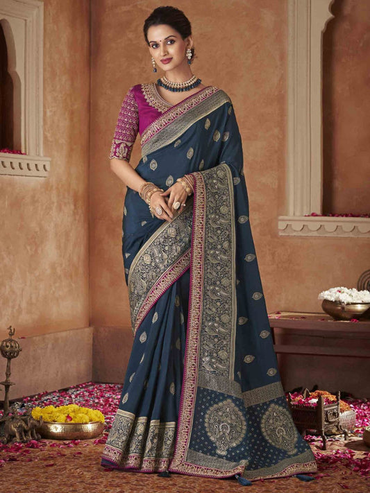 Embroidered Pure Dola Traditional Saree In Blue