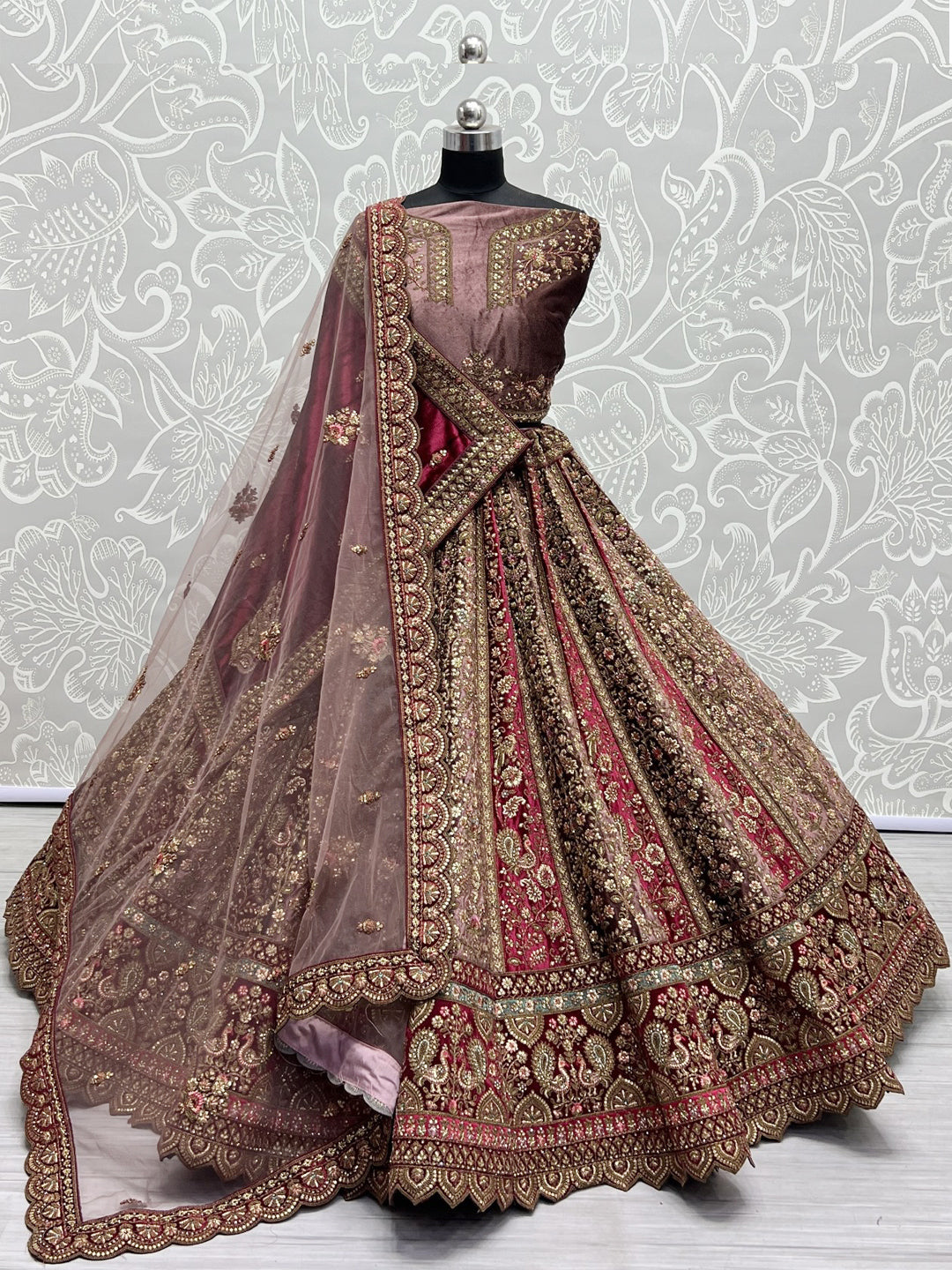 Embroidered Velvet Bridal Lehenga with Double Chunni in Multicolor-81811