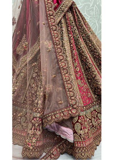 Embroidered Velvet Bridal Lehenga with Double Chunni in Multicolor-81811