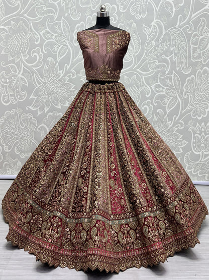 Embroidered Velvet Bridal Lehenga with Double Chunni in Multicolor-81811