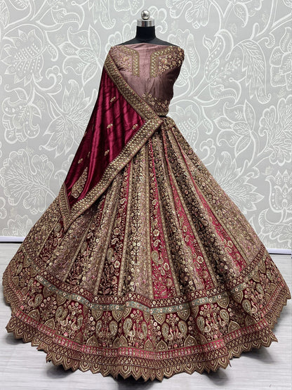 Embroidered Velvet Bridal Lehenga with Double Chunni in Multicolor-81811