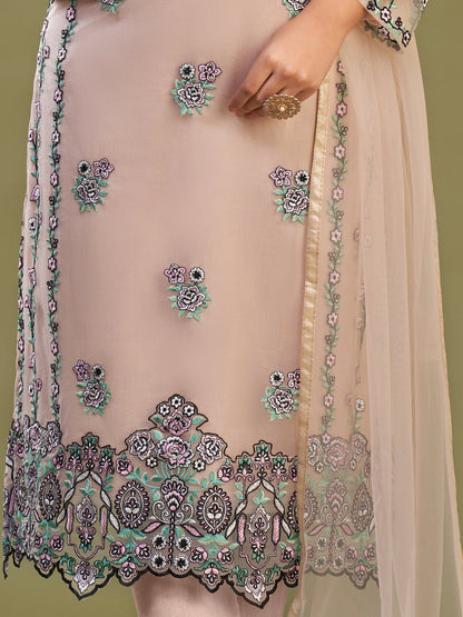 Thread Embroidered Banglori Silk and Net Salwar Kameez in Peach Color-81599