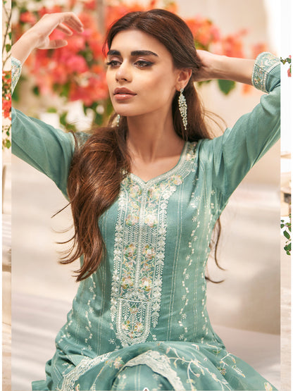 Embroidered Silk Un-Stitched Salwar Kameez in Blue Color-81591