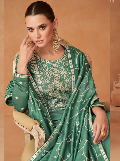 Embroidered Silk Free Size Stitched Flor lenght Salwar Kameez in Green Color-81596