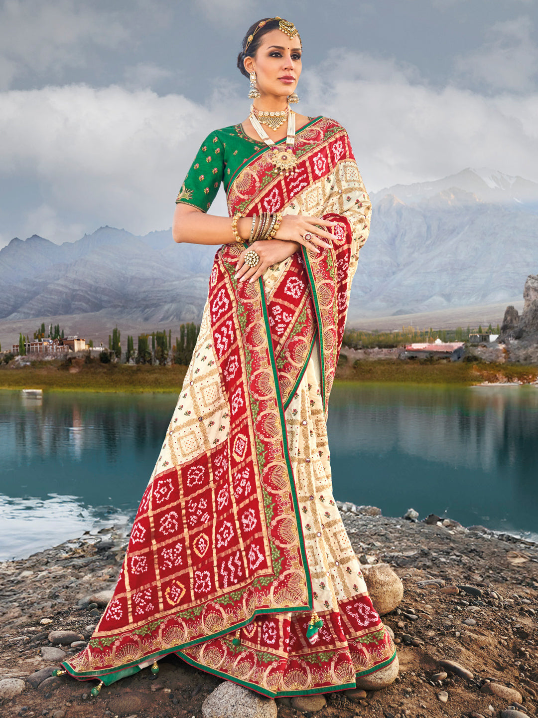 Original Mirror Pure Gjji Bandhej Printed Wedding Bridal Saree In Cream Color-81662