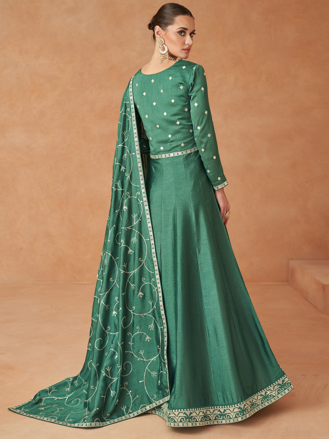 Embroidered Silk Free Size Stitched Flor lenght Salwar Kameez in Green Color-81596