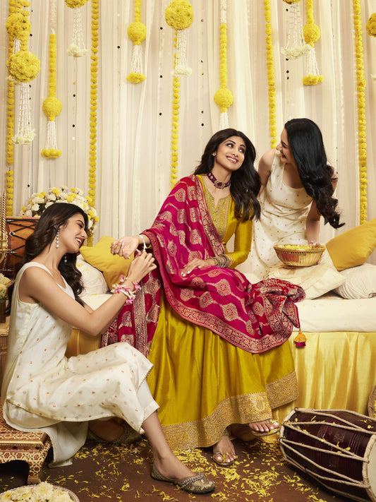 Meena Work Pure Viscose Dola Jacquard Hald and Sangeet Salwar Kameez in Yellow Color-81603