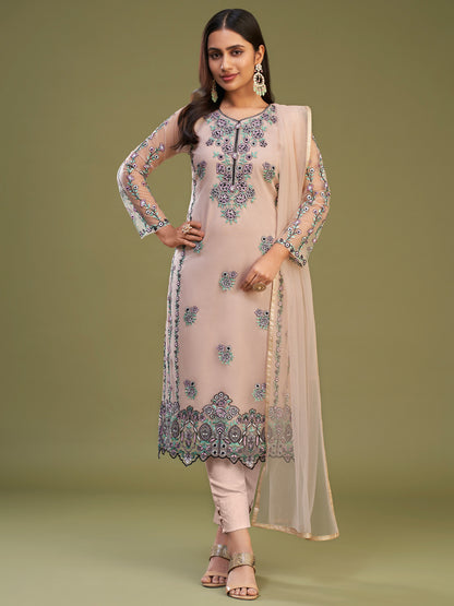 Thread Embroidered Banglori Silk and Net Salwar Kameez in Peach Color-81599