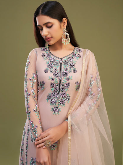 Thread Embroidered Banglori Silk and Net Salwar Kameez in Peach Color-81599