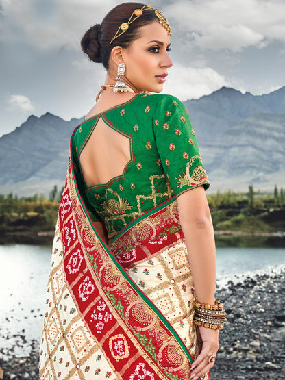 Original Mirror Pure Gjji Bandhej Printed Wedding Bridal Saree In Cream Color-81662