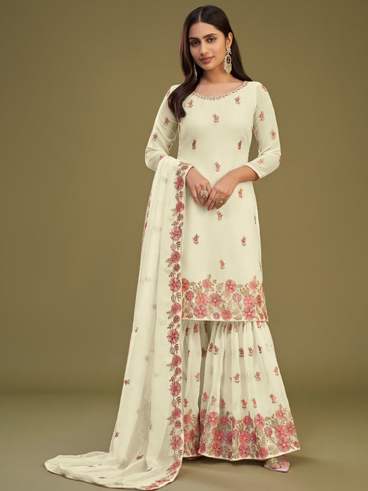Thread Embroidered Georgette with Dull Santoon Inner Salwar Kameez in off White Color-81751