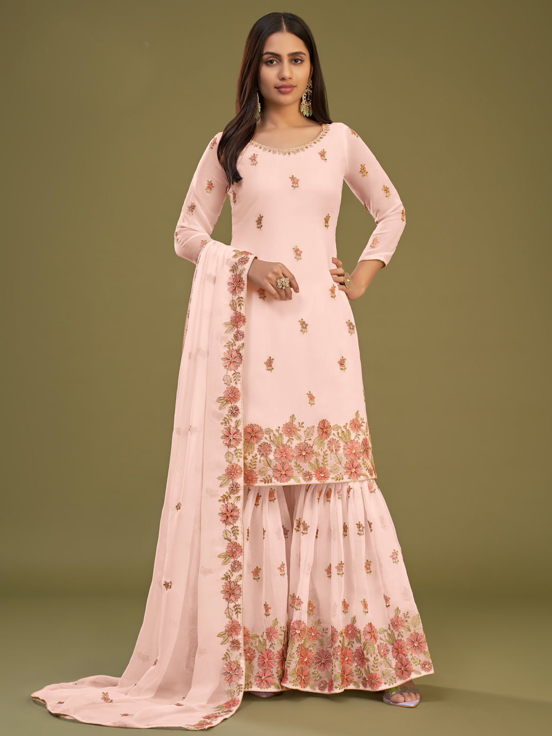 Thread Embroidered Georgette with Dull Santoon Inner Salwar Kameez in Pink Color-81752