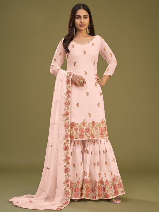 Thread Embroidered Georgette with Dull Santoon Inner Salwar Kameez in Pink Color-81752