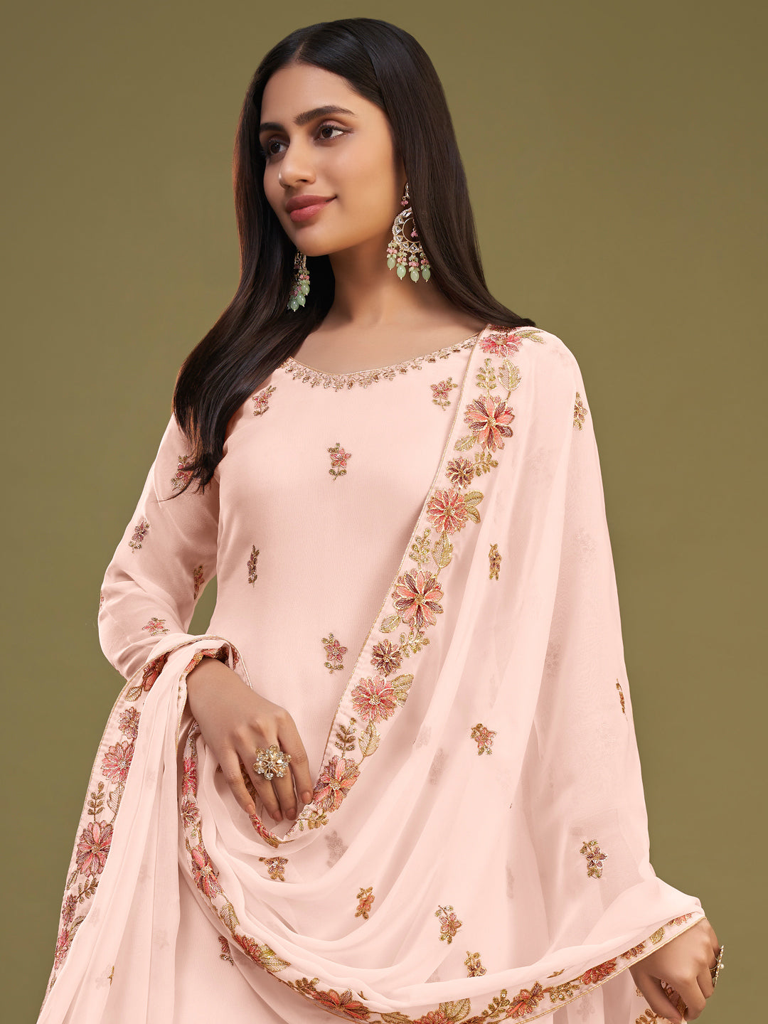 Thread Embroidered Georgette with Dull Santoon Inner Salwar Kameez in Pink Color-81752