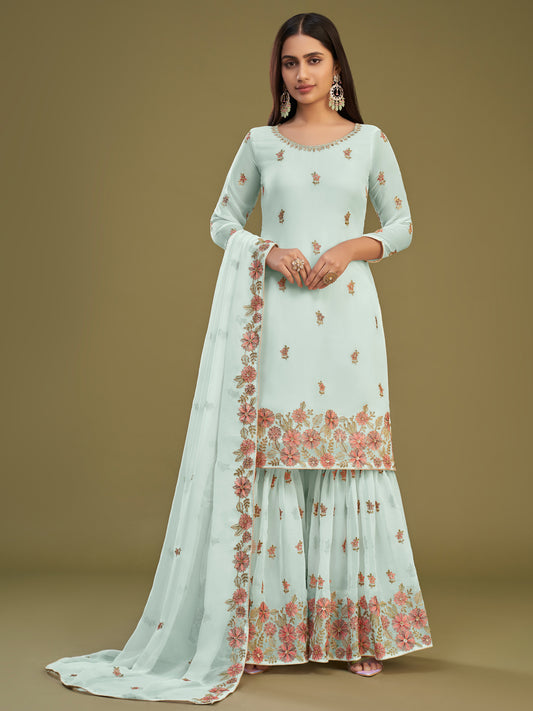 Thread Embroidered Georgette with Dull Santoon Inner Salwar Kameez in Blue Color-81754