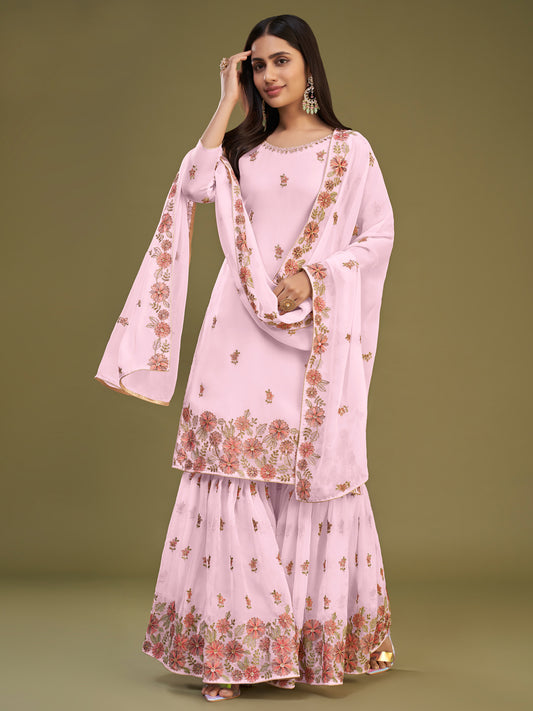 Thread Embroidered Georgette with Dull Santoon Inner Salwar Kameez in Pink Color-81753