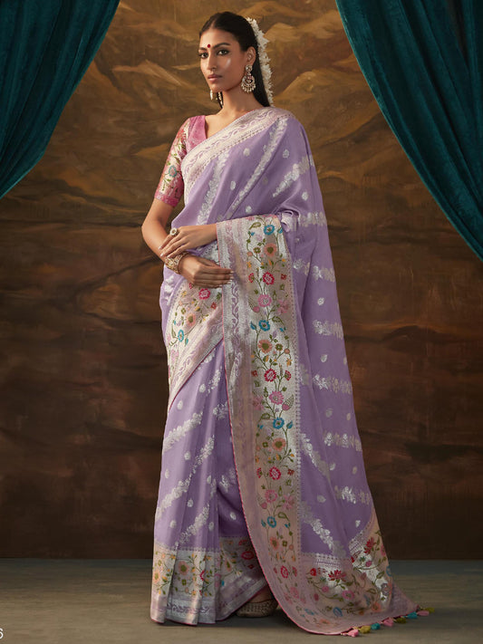 Zari Pure Dola Silk Partywear South Indian wedding Saree In Purple Color-81575