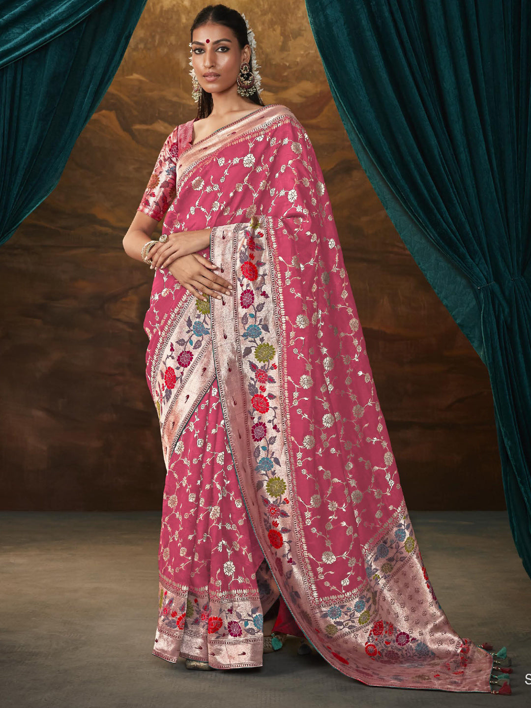 Zari Pure Dola Silk Partywear South Indian wedding Saree In Pink Color-81576