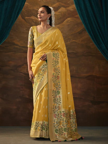 Zari Pure Dola Silk Partywear South Indian wedding Saree In Yellow Color-81577