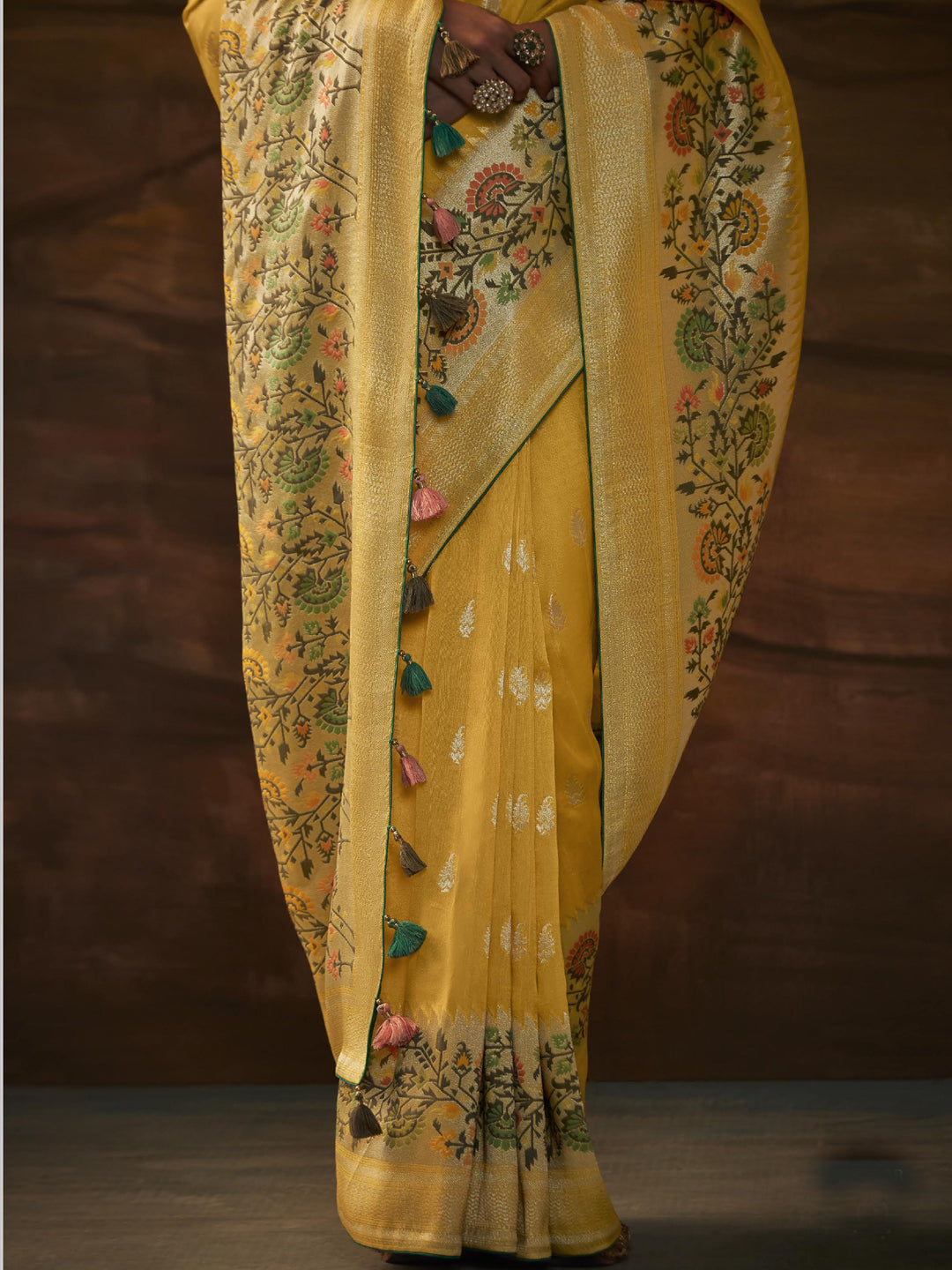 Zari Pure Dola Silk Partywear South Indian wedding Saree In Yellow Color-81577