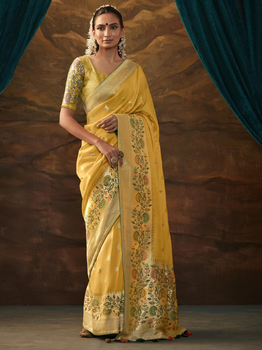 Zari Pure Dola Silk Partywear South Indian wedding Saree In Yellow Color-81577