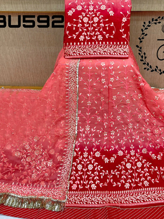 Sequence Upada Creap Bridal Wedding Rajputi Poshak In Pink Color-61066