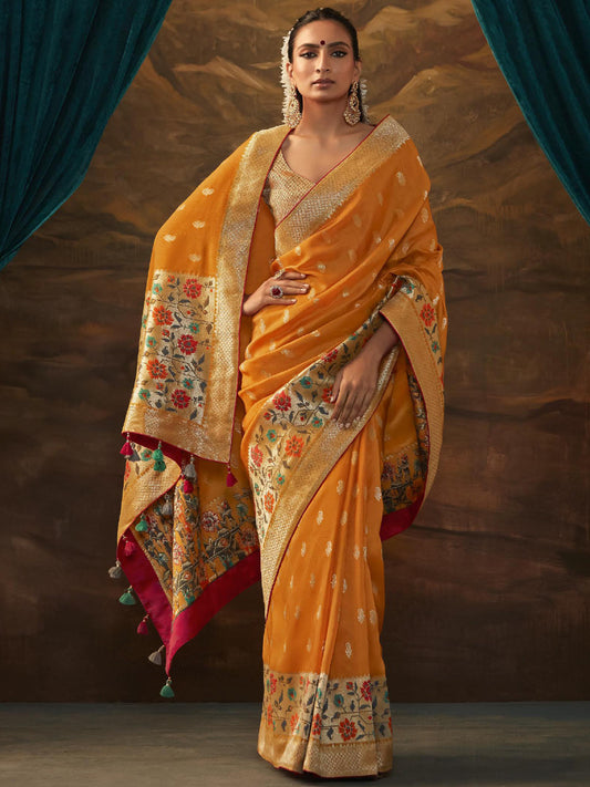 Zari Pure Dola Silk Partywear South Indian wedding Saree In Orange Color-81579