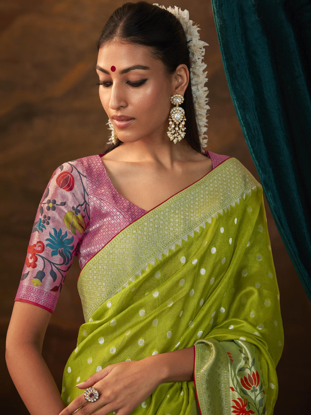 Zari Pure Dola Silk Partywear South Indian wedding Saree In Green Color-81580