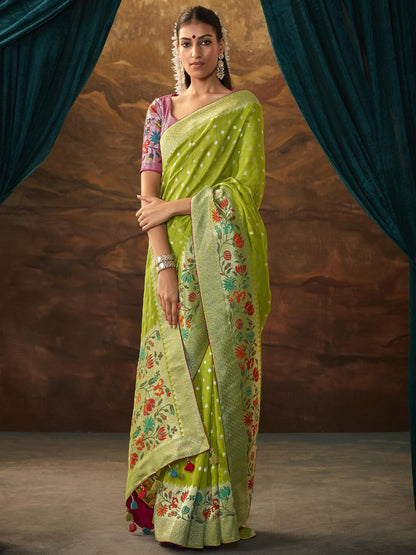 Zari Pure Dola Silk Partywear South Indian wedding Saree In Green Color-81580